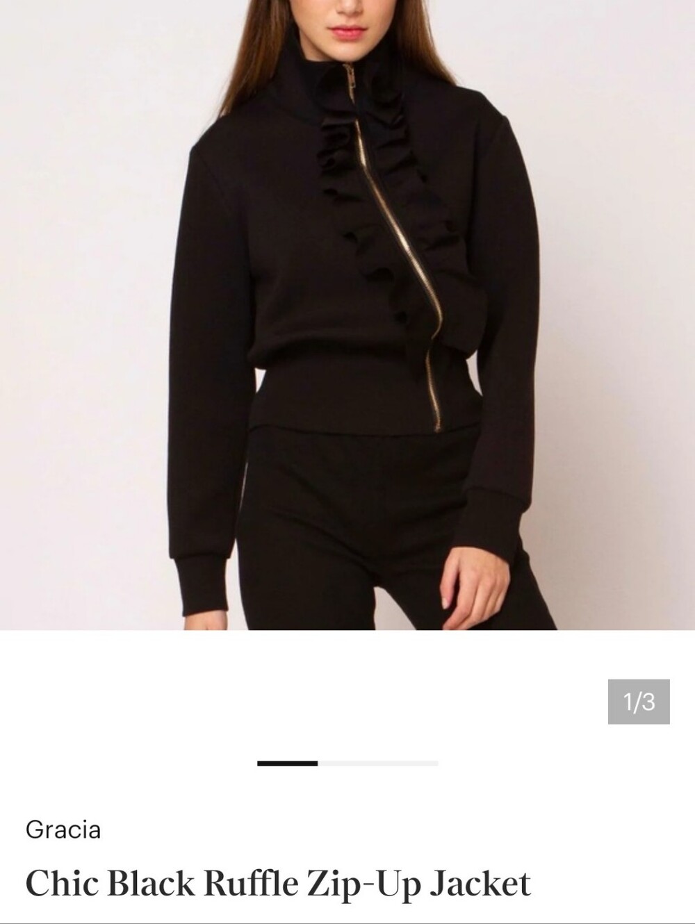 Gracia Black Ruffle Zip-Front Sweater